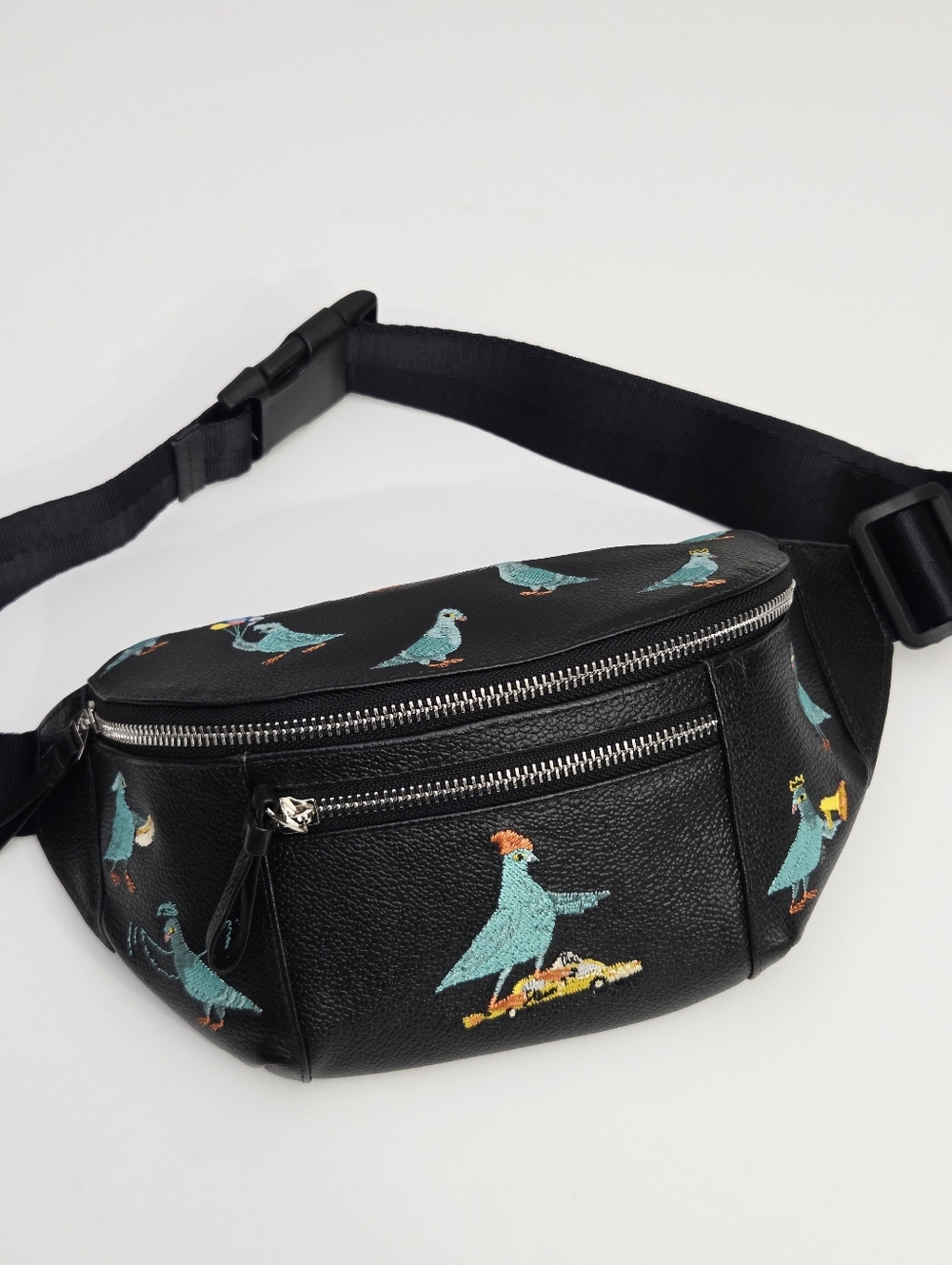 NEW MIN & MON HAROLD FANNY PACK BAG BLACK LEATHER - PIGEONISTA EMBROIDERY - Picture 2 of 9
